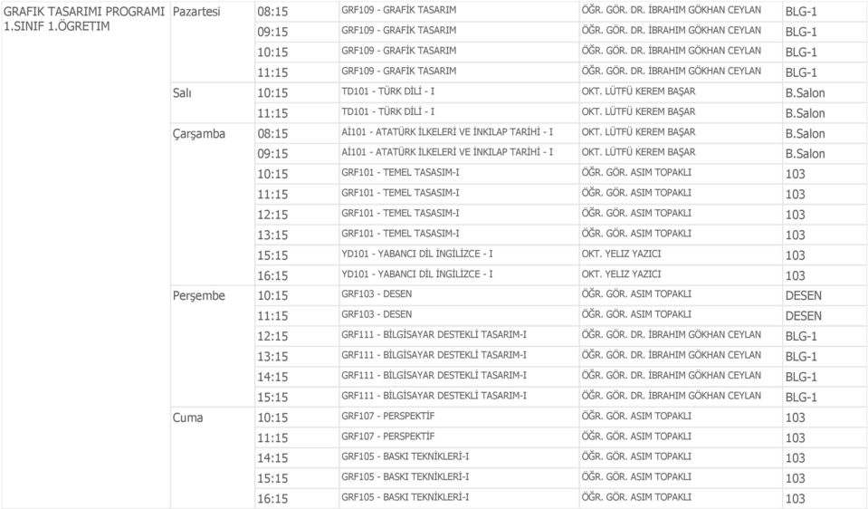 Salon 11:15 TD101 - TÜRK DİLİ - I OKT. LÜTFÜ KEREM BAŞAR B.Salon Çarşamba 08:15 Aİ101 - ATATÜRK İLKELERİ VE İNKILAP TARİHİ - I OKT. LÜTFÜ KEREM BAŞAR B.Salon 09:15 Aİ101 - ATATÜRK İLKELERİ VE İNKILAP TARİHİ - I OKT.