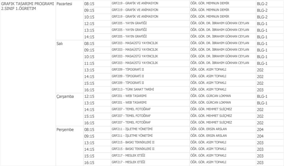 GÖR. DR. İBRAHIM GÖKHAN CEYLAN BLG-1 Salı 08:15 GRF203 - MASAÜSTÜ YAYINCILIK ÖĞR. GÖR. DR. İBRAHIM GÖKHAN CEYLAN BLG-1 09:15 GRF203 - MASAÜSTÜ YAYINCILIK ÖĞR. GÖR. DR. İBRAHIM GÖKHAN CEYLAN BLG-1 10:15 GRF203 - MASAÜSTÜ YAYINCILIK ÖĞR.