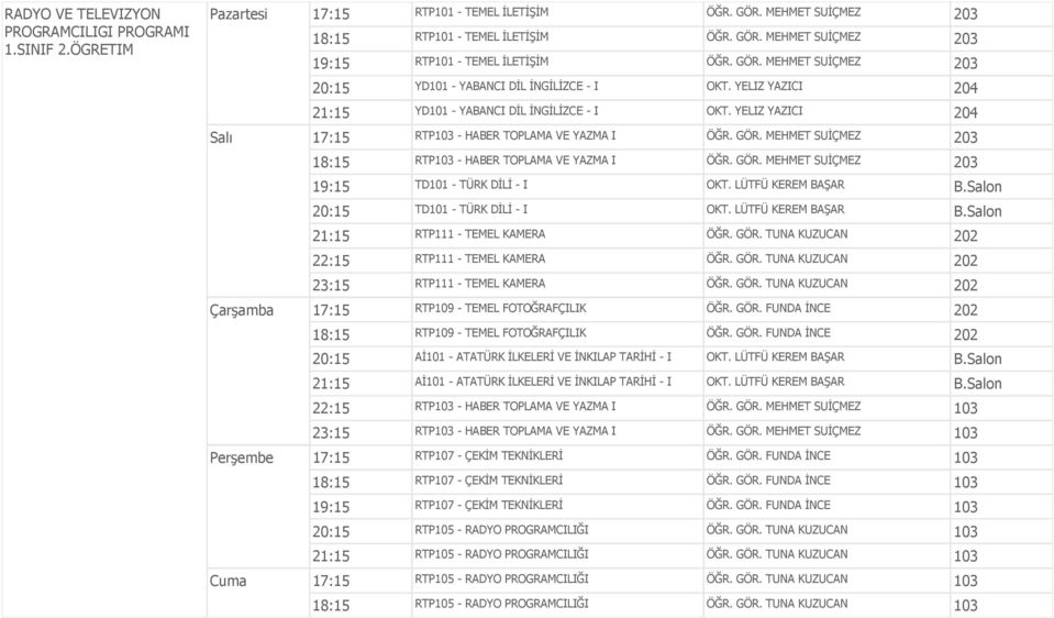 GÖR. MEHMET SUİÇMEZ 203 18:15 RTP103 - HABER TOPLAMA VE YAZMA I ÖĞR. GÖR. MEHMET SUİÇMEZ 203 19:15 TD101 - TÜRK DİLİ - I OKT. LÜTFÜ KEREM BAŞAR B.Salon 20:15 TD101 - TÜRK DİLİ - I OKT.