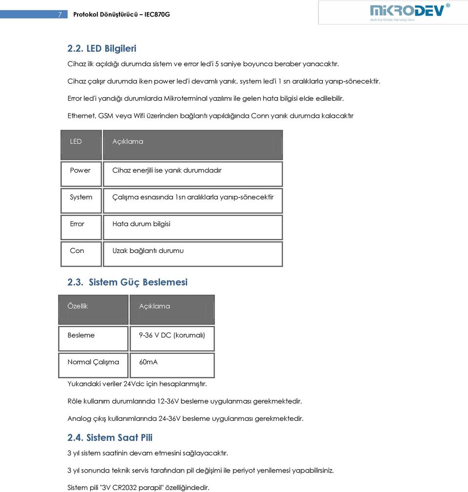 Ethernet, GSM veya Wifi üzerinden bağlantı yapıldığında Conn yanık durumda kalacaktır LED Açıklama Power Cihaz enerjili ise yanık durumdadır System Çalışma esnasında 1sn aralıklarla yanıp-sönecektir