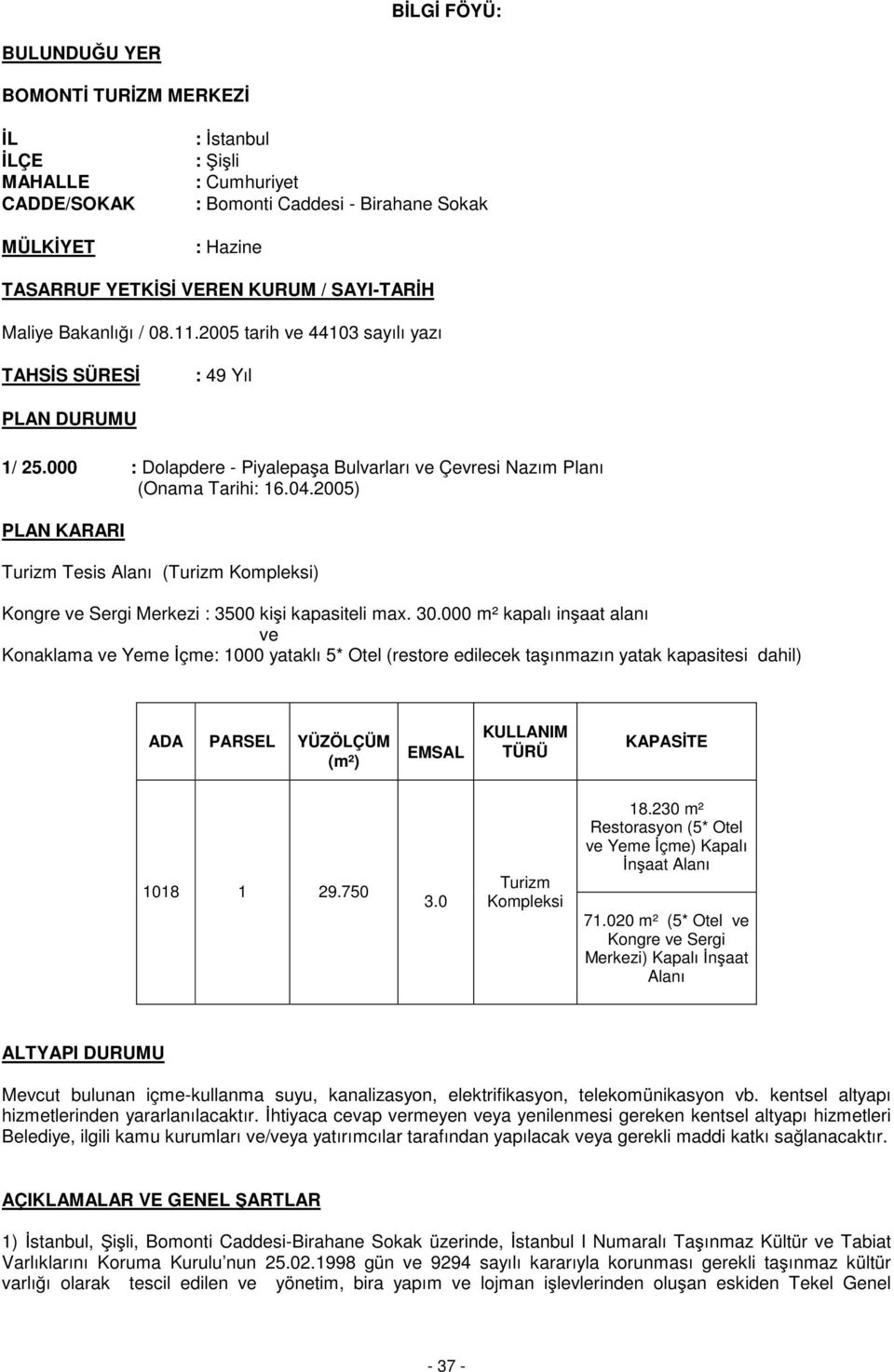 2005) PLAN KARARI Turizm Tesis Alanı (Turizm Kompleksi) Kongre ve Sergi Merkezi : 3500 kişi kapasiteli max. 30.