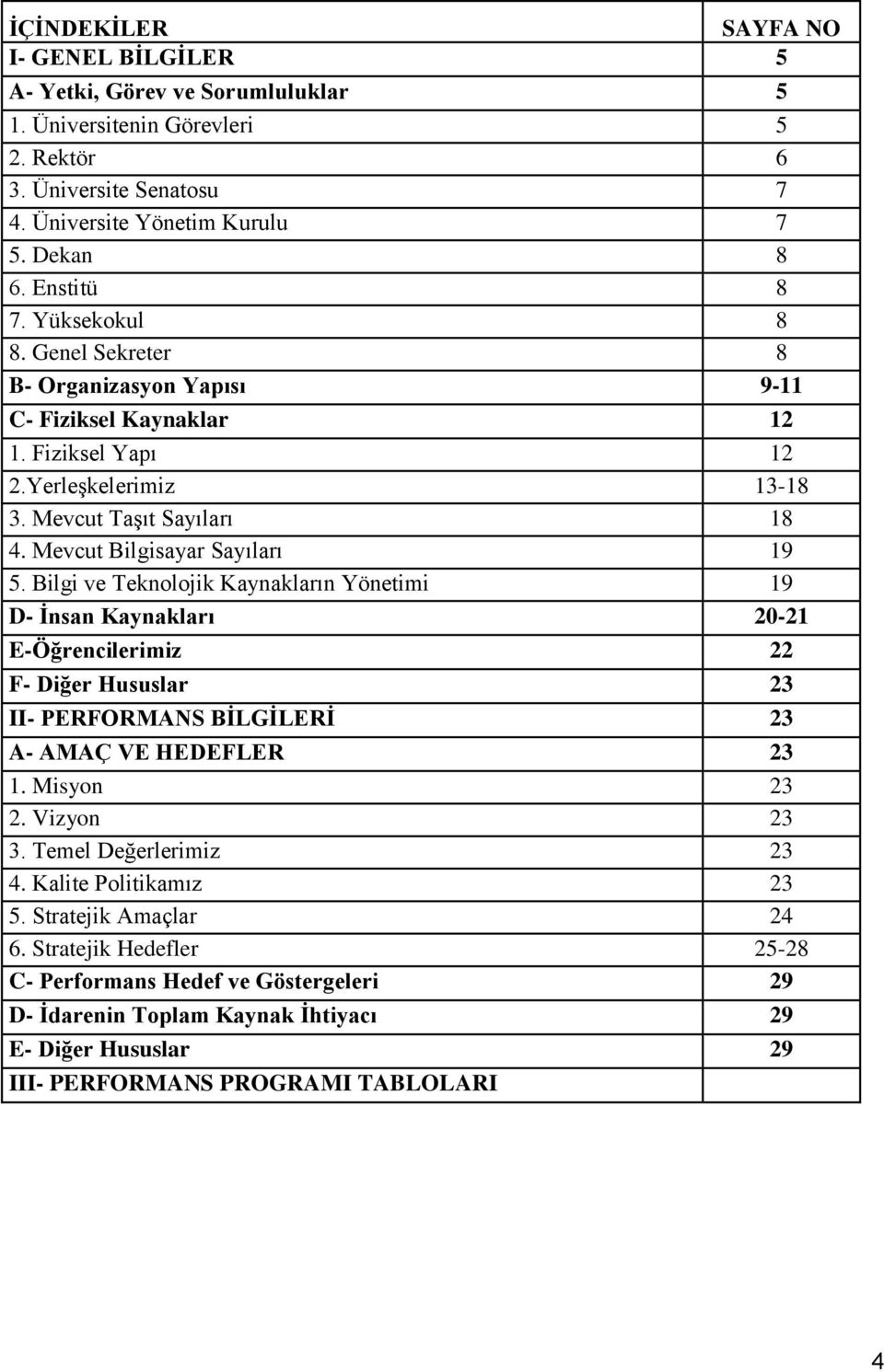 Bilgi ve Teknolojik Kaynakların Yönetimi 19 D- İnsan Kaynakları 20-21 E-Öğrencilerimiz 22 F- Diğer Hususlar 23 II- PERFORMANS BİLGİLERİ 23 A- AMAÇ VE HEDEFLER 23 1. Misyon 23 2. Vizyon 23 3.