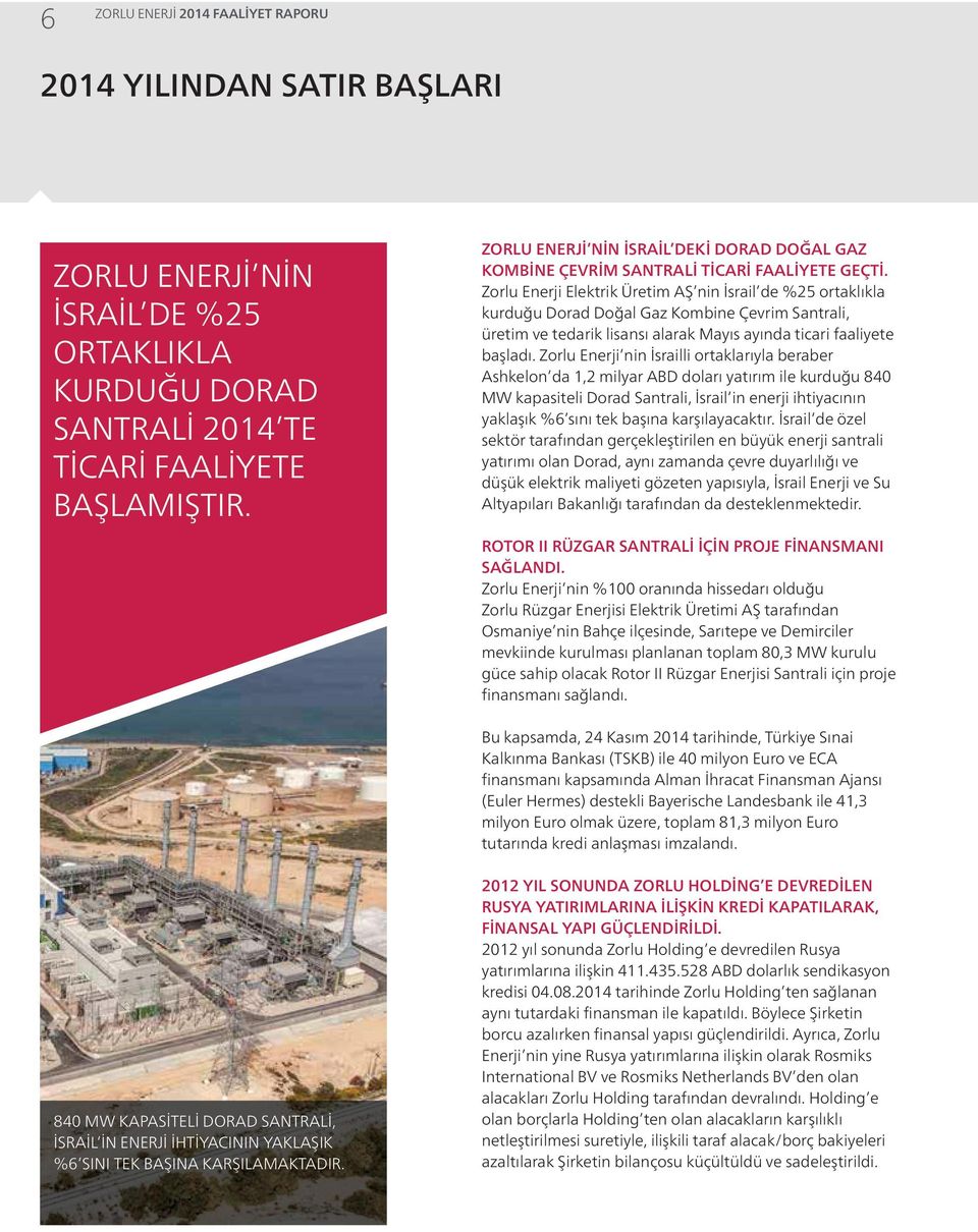 Zorlu Enerji Elektrik Üretim AŞ nin İsrail de %25 ortaklıkla kurduğu Dorad Doğal Gaz Kombine Çevrim Santrali, üretim ve tedarik lisansı alarak Mayıs ayında ticari faaliyete başladı.