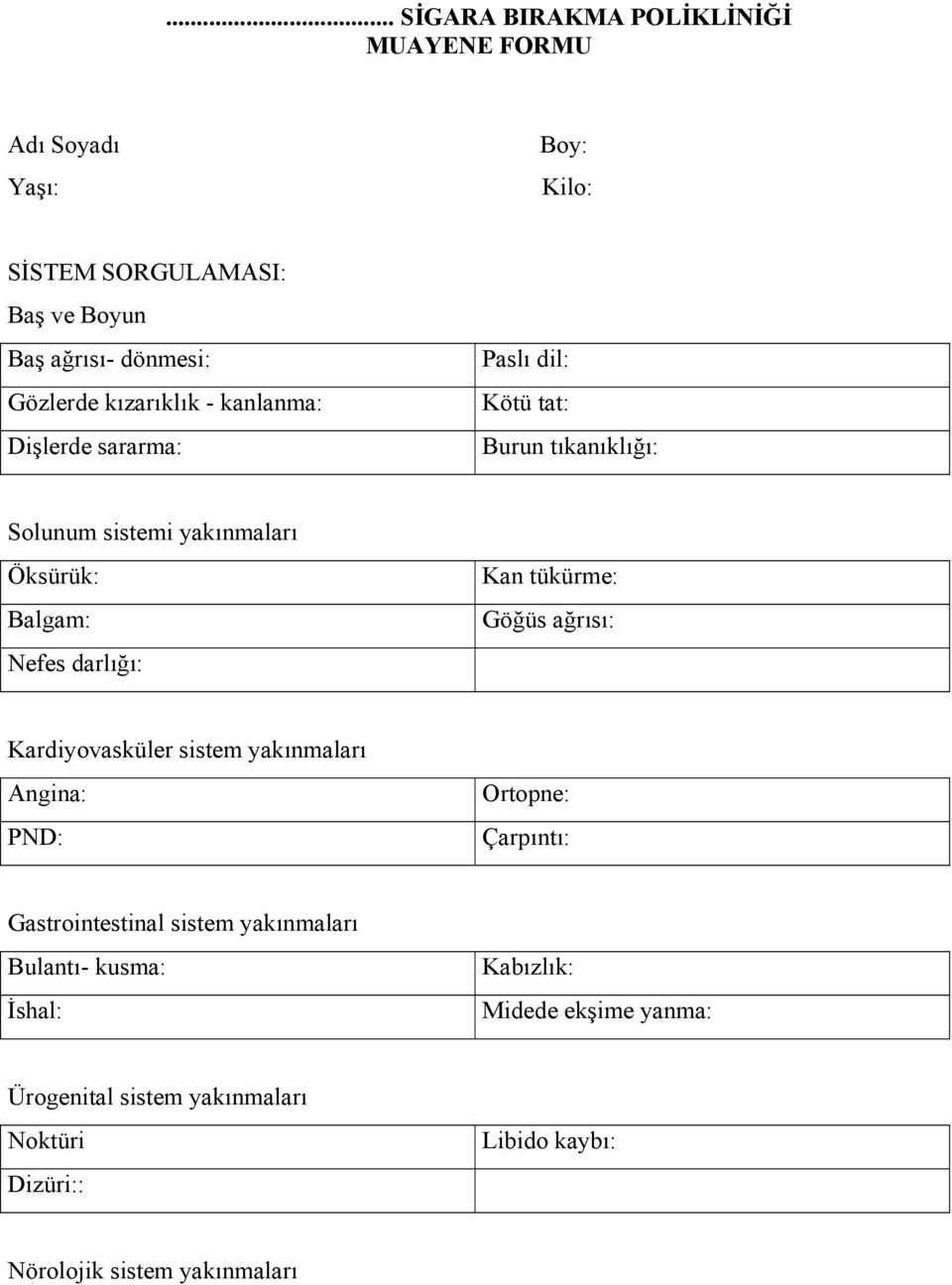 darlığı: Kan tükürme: Göğüs ağrısı: Kardiyovasküler sistem yakınmaları Angina: PND: Ortopne: Çarpıntı: Gastrointestinal sistem