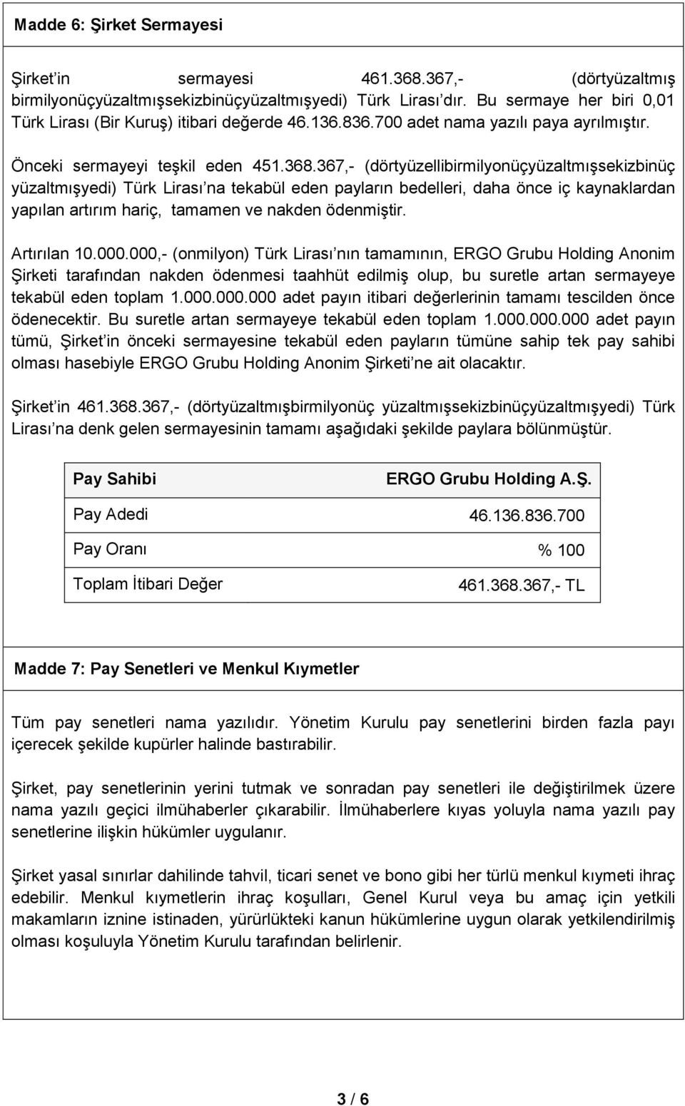 367,- (dörtyüzellibirmilyonüçyüzaltmışsekizbinüç yüzaltmışyedi) Türk Lirası na tekabül eden payların bedelleri, daha önce iç kaynaklardan yapılan artırım hariç, tamamen ve nakden ödenmiştir.