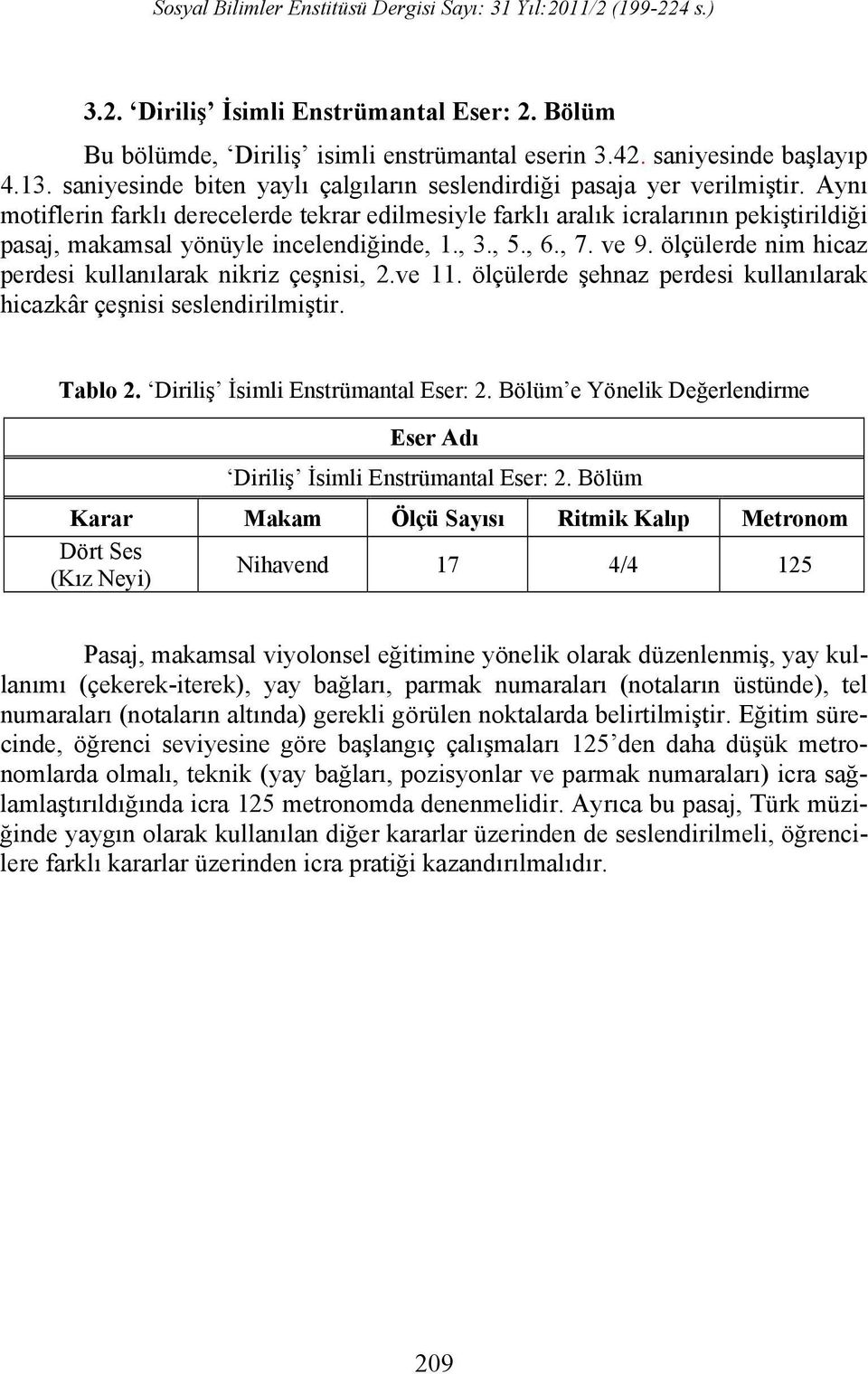 ölçülerde nim hicaz perdesi kullanılarak nikriz çeşnisi, 2.ve 11. ölçülerde şehnaz perdesi kullanılarak hicazkâr çeşnisi seslendirilmiştir. Tablo 2. Diriliş İsimli Enstrümantal Eser: 2.