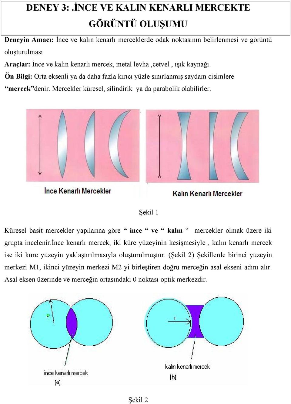 levha,cetvel, ışık kaynağı. Ön Bilgi: Orta eksenli ya da daha fazla kırıcı yüzle sınırlanmış saydam cisimlere mercek denir. Mercekler küresel, silindirik ya da parabolik olabilirler.