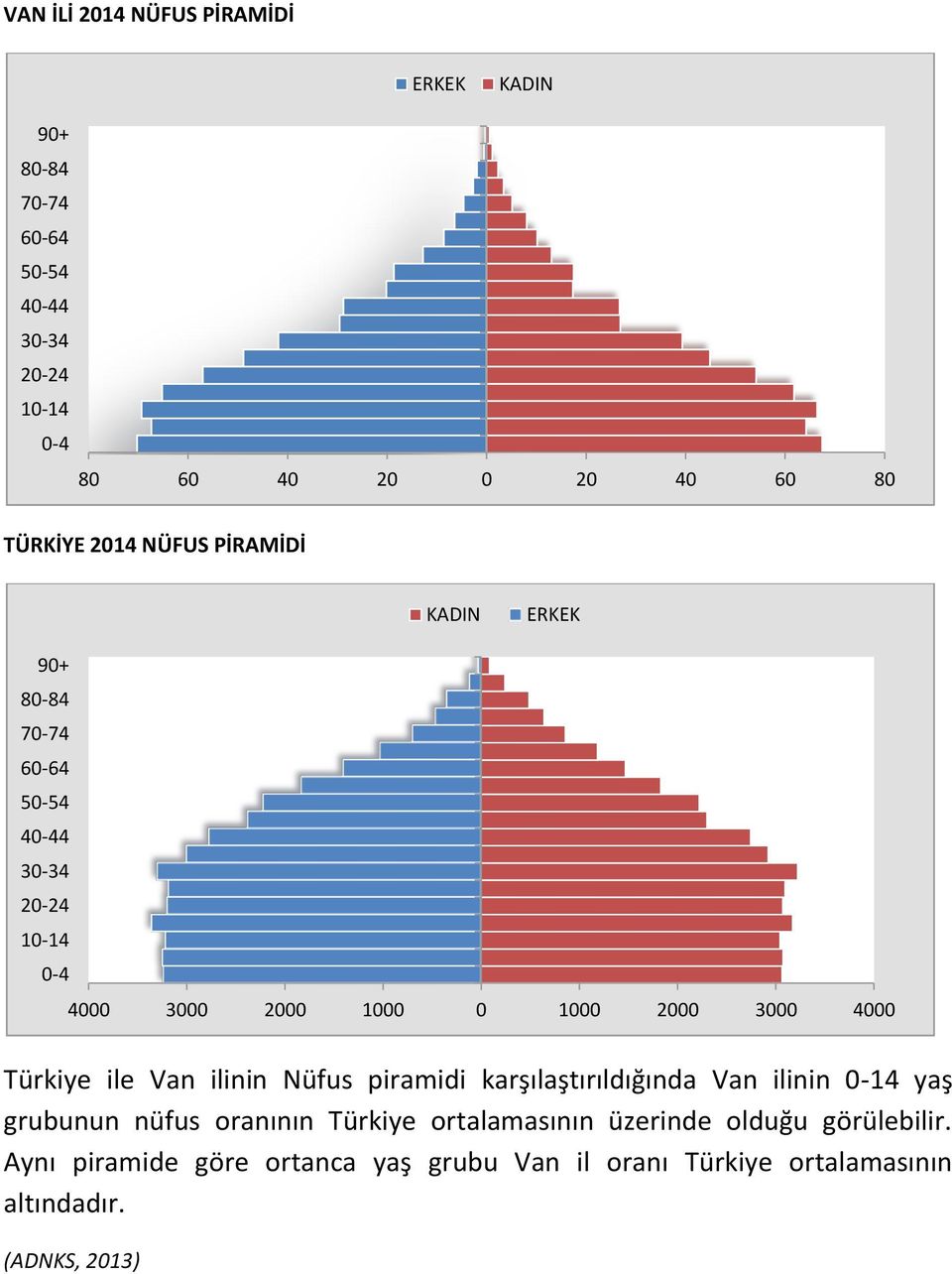 Nüfus piramidi karşılaştırıldığında Van ilinin -14 yaş grubunun nüfus oranının Türkiye ortalamasının üzerinde