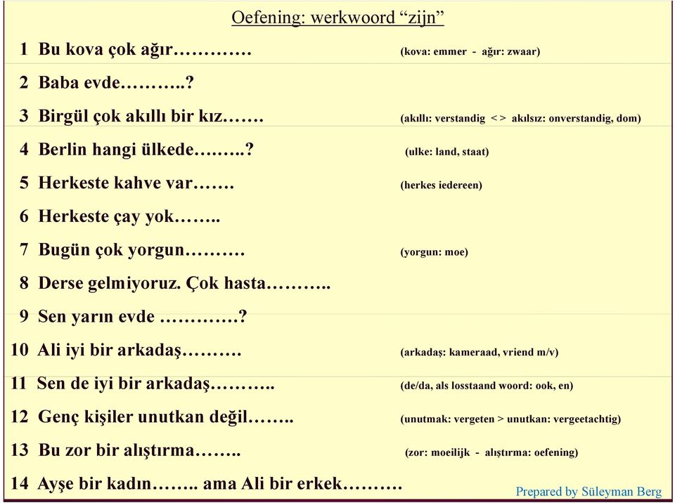 . 7 Bugün çok yorgun. (yorgun: moe) 8 Derse gelmiyoruz. Çok hasta.. 9 Sen yarınevde.? 10 Ali iyi bir arkadaş. (arkadaş: kameraad, vriend m/v) 11 Sen de iyi i bir arkadaş.