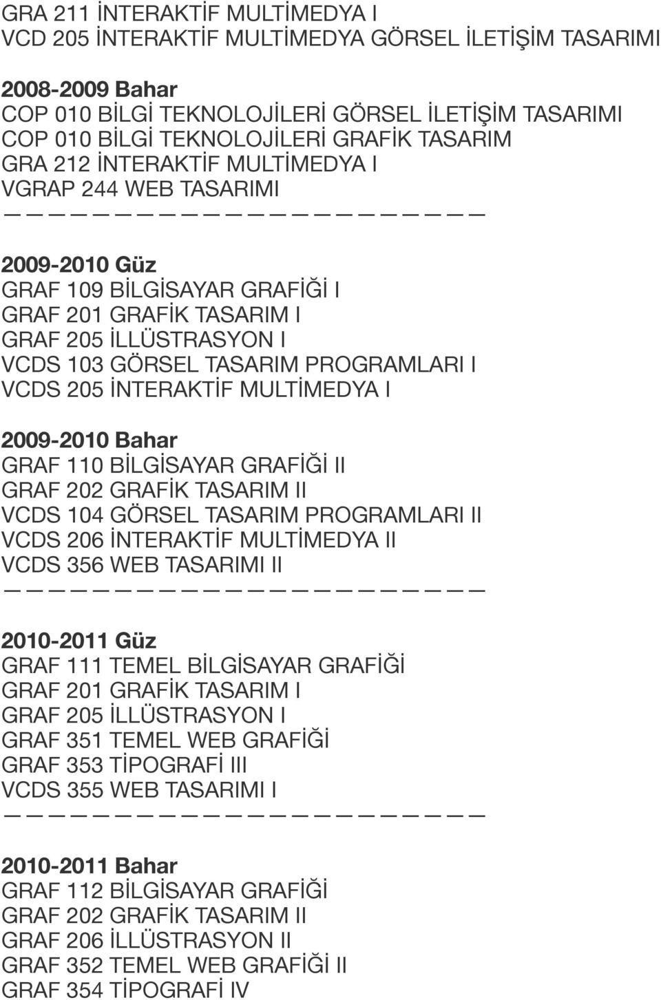 İNTERAKTİF MULTİMEDYA I 2009-2010 Bahar GRAF 110 BİLGİSAYAR GRAFİĞİ II GRAF 202 GRAFİK TASARIM II VCDS 104 GÖRSEL TASARIM PROGRAMLARI II VCDS 206 İNTERAKTİF MULTİMEDYA II VCDS 356 WEB TASARIMI II