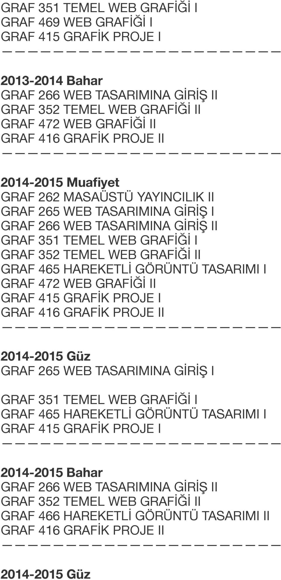 TASARIMI I GRAF 472 WEB GRAFİĞİ II 2014-2015 Güz GRAF 265 WEB TASARIMINA GİRİŞ I GRAF 465