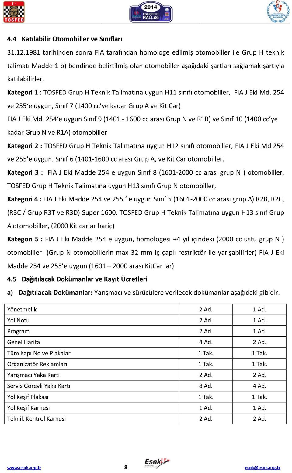 Kategori 1 : TOSFED Grup H Teknik Talimatına uygun H11 sınıfı otomobiller, FIA J Eki Md. 254 ve 255 e uygun, Sınıf 7 (1400 cc ye kadar Grup A ve Kit Car) FIA J Eki Md.