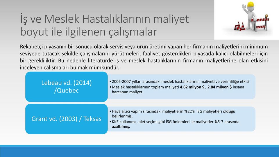 Bu nedenle literatürde iş ve meslek hastalıklarının firmanın maliyetlerine olan etkisini inceleyen çalışmaları bulmak mümkündür. Lebeau vd.