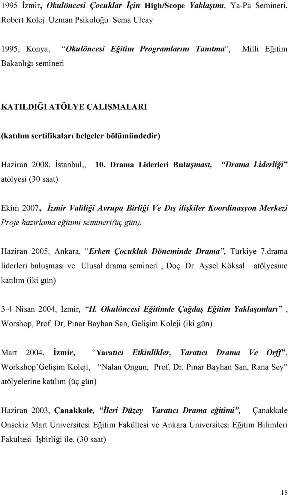 Drama Liderleri Buluşması, Drama Liderliği atölyesi (30 saat) Ekim 2007, İzmir Valiliği Avrupa Birliği Ve Dış ilişkiler Koordinasyon Merkezi Proje hazırlama eğitimi semineri(üç gün).