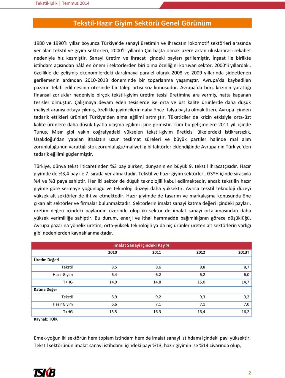 İnşaat ile birlikte istihdam açısından hâlâ en önemli sektörlerden biri olma özelliğini koruyan sektör, 2000 li yıllardaki, özellikle de gelişmiş ekonomilerdeki daralmaya paralel olarak 2008 ve 2009