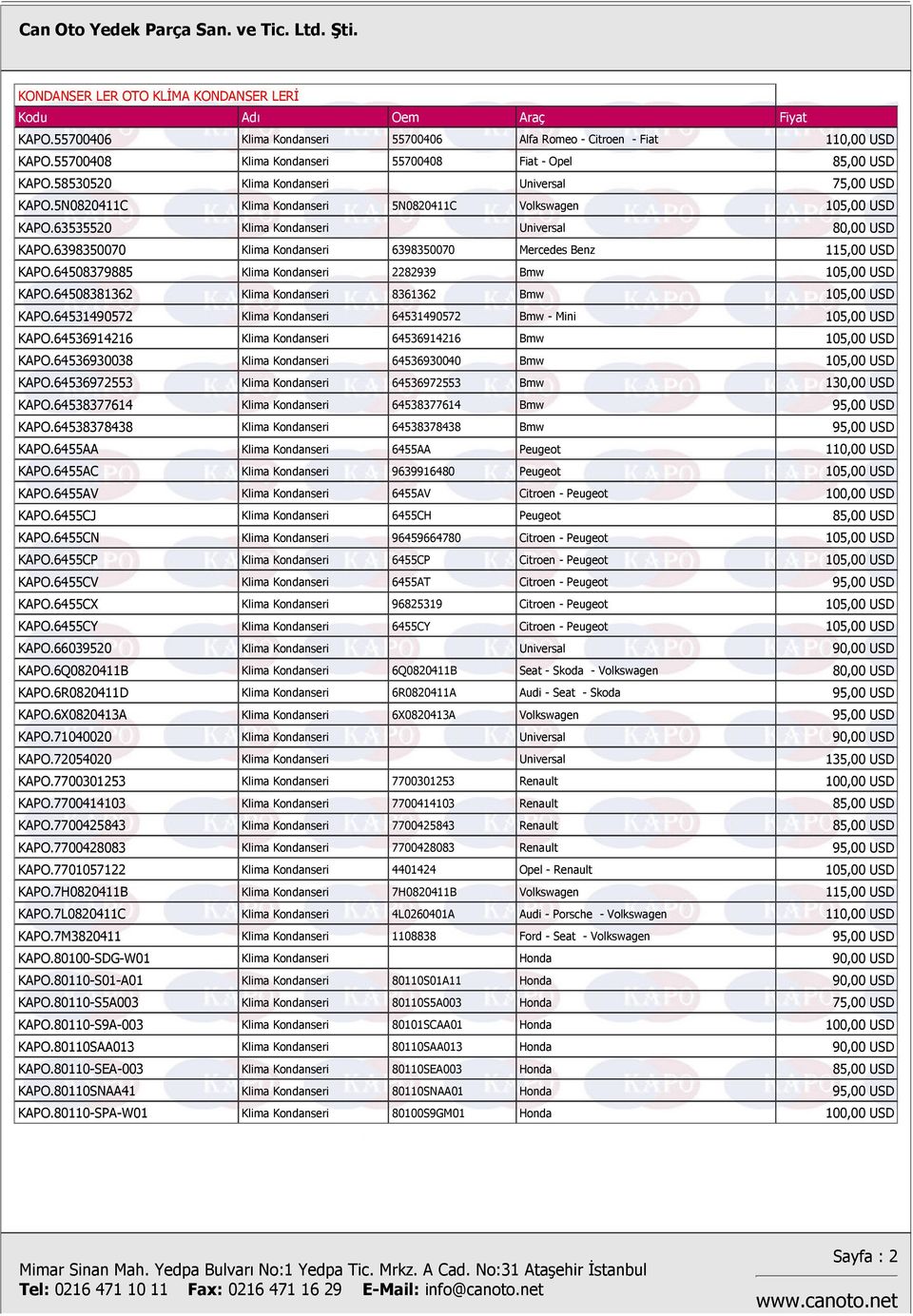 64508379885 Klima Kondanseri 2282939 Bmw 105,00 USD KAPO.64508381362 Klima Kondanseri 8361362 Bmw 105,00 USD KAPO.64531490572 Klima Kondanseri 64531490572 Bmw - Mini 105,00 USD KAPO.