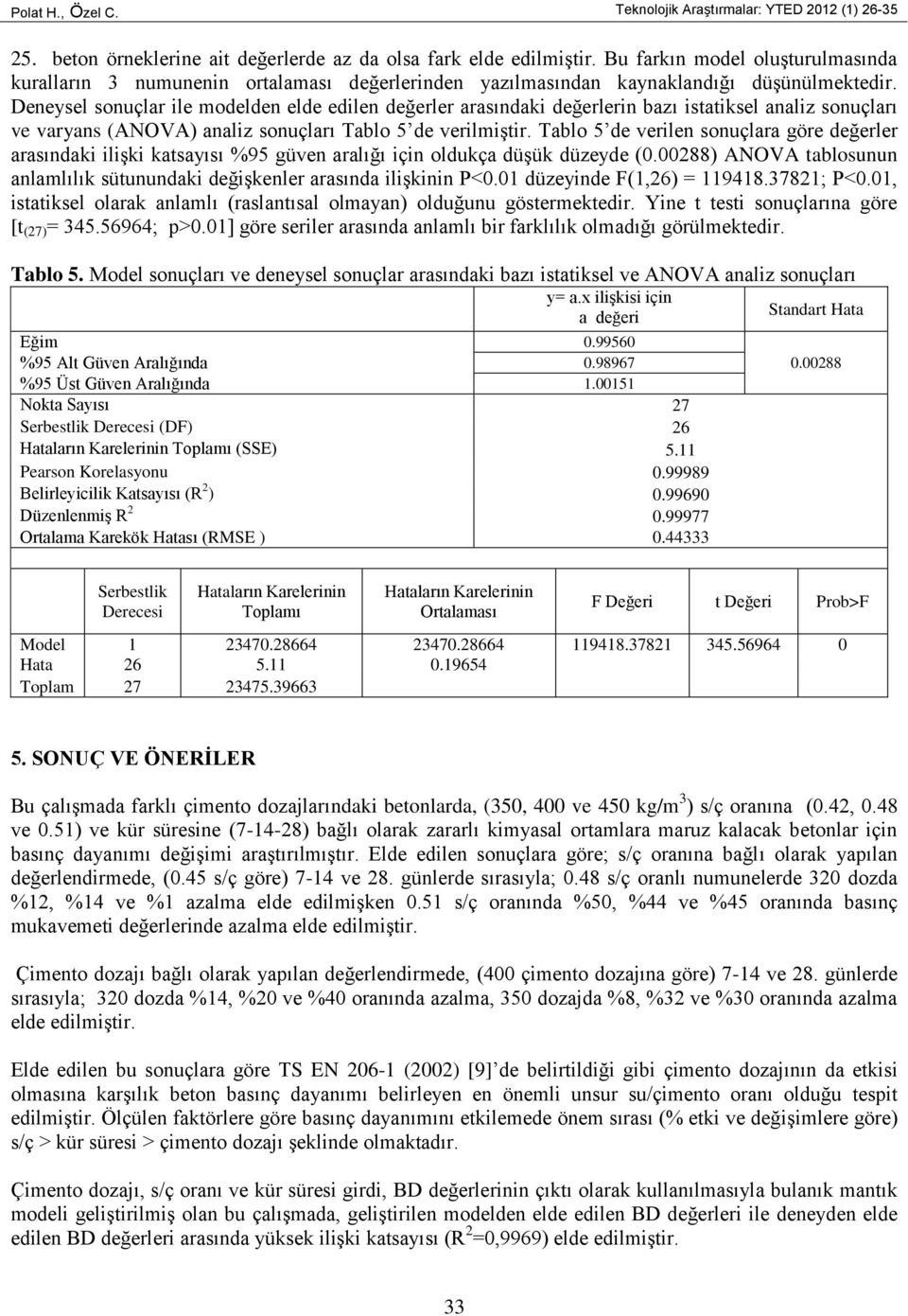 Deneysel sonuçlar ile modelden elde edilen değerler arasındaki değerlerin bazı istatiksel analiz sonuçları ve varyans (ANOVA) analiz sonuçları Tablo 5 de verilmiştir.