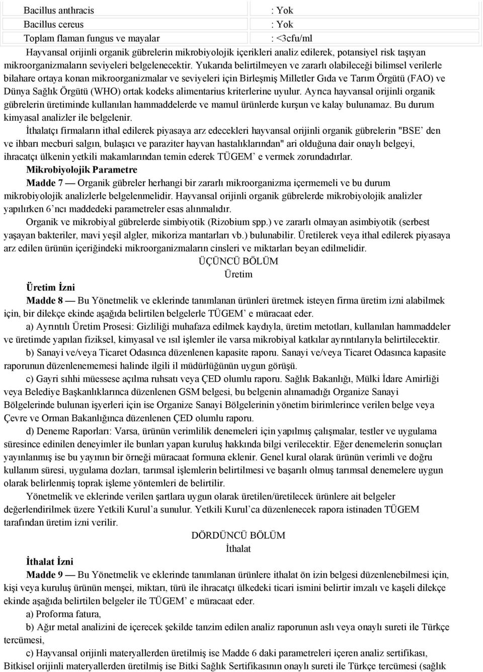 Yukarıda belirtilmeyen ve zararlı olabileceği bilimsel verilerle bilahare ortaya konan mikroorganizmalar ve seviyeleri için Birleşmiş Milletler Gıda ve Tarım Örgütü (FAO) ve Dünya Sağlık Örgütü (WHO)