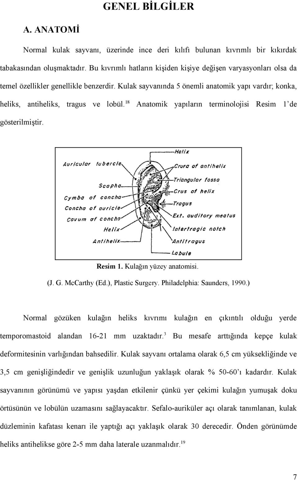18 Anatomik yapıların terminolojisi Resim 1 de gösterilmiştir. Resim 1. Kulağın yüzey anatomisi. (J. G. McCarthy (Ed.), Plastic Surgery. Philadelphia: Saunders, 1990.