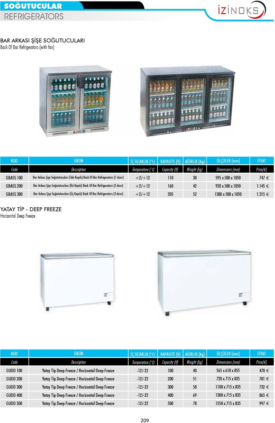 42 920 x 500 x 1050 1.145 GBASS 300 Bar Arkası Şişe Soğututucuları (Üç Kapılı) Back Of Bar Refrigerators (3 door) +2/+12 205 52 1380 x 500 x 1050 1.