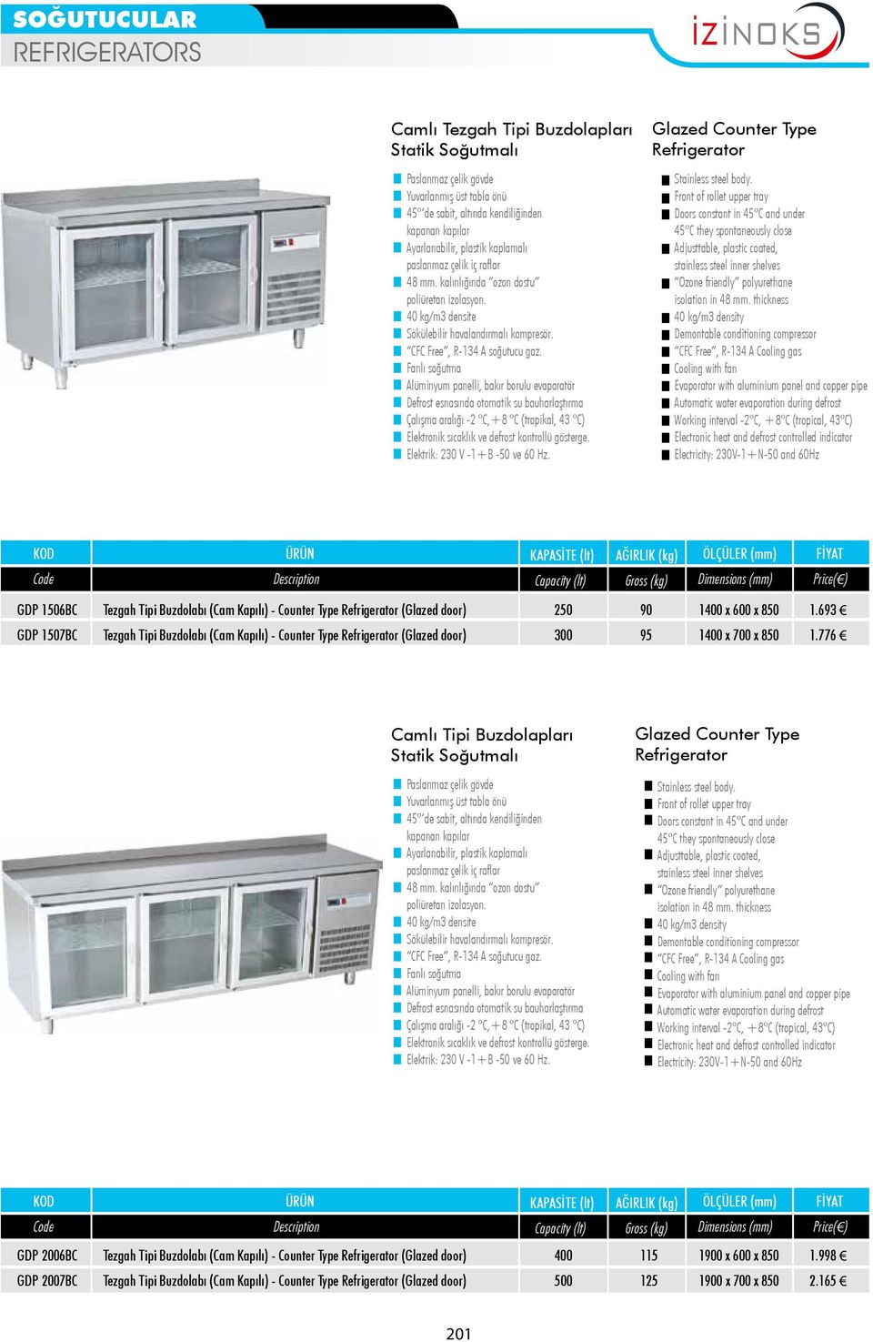 776 Camlı Tipi Buzdolapları Statik Soğutmalı soğutma Glazed Counter Type Refrigerator Cooling with fan GDP 2006BC Tezgah Tipi Buzdolabı (Cam Kapılı) - Counter Type