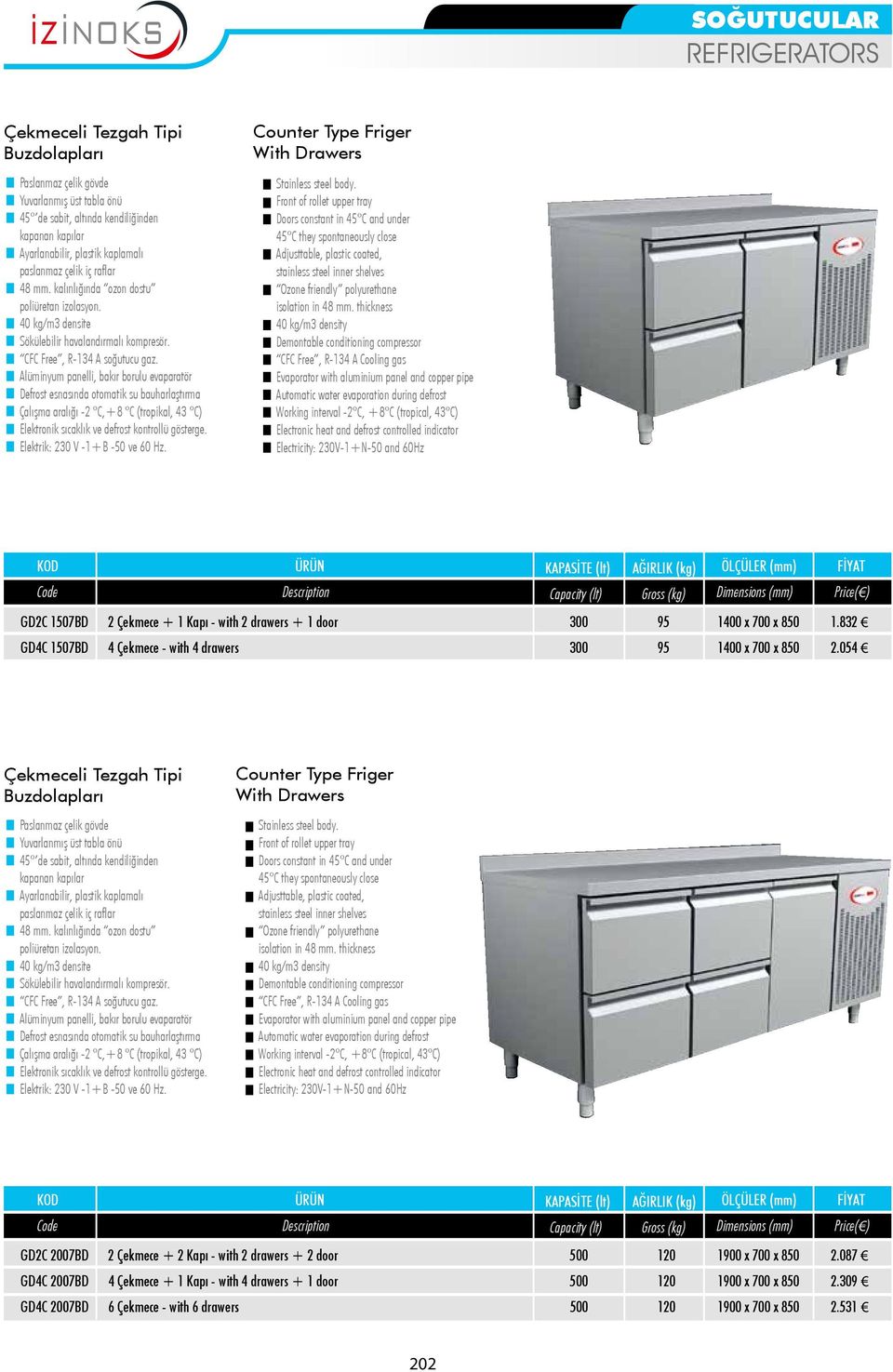 054 Çekmeceli Tezgah Tipi Buzdolapları Counter Type Friger With Drawers GD2C 2007BD 2 Çekmece + 2 Kapı - with 2 drawers + 2 door 500 120