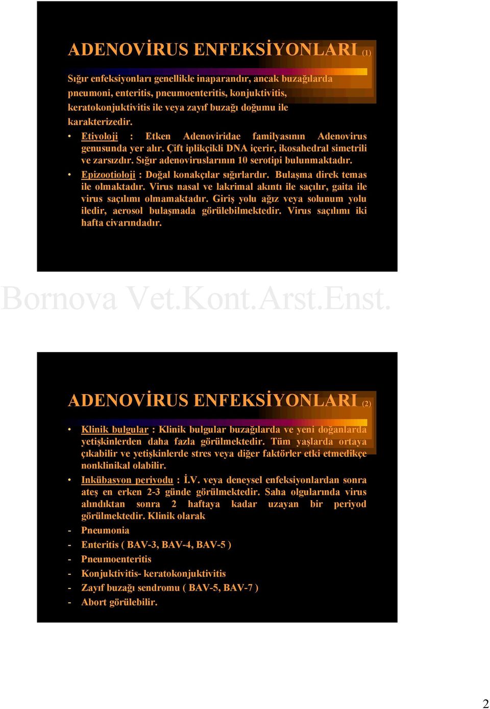 Sığır adenoviruslarının 10 serotipi bulunmaktadır. Epizootioloji : Doğal konakçılar sığırlardır. Bulaşma direk temas ile olmaktadır.