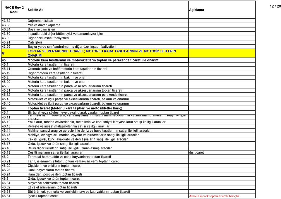 toptan ve perakende ticareti ile onarımı 45.1 Motorlu kara taşıtlarının ticareti 45.11 Otomobillerin ve hafif motorlu kara taşıtlarının ticareti 45.19 Diğer motorlu kara taşıtlarının ticareti 45.