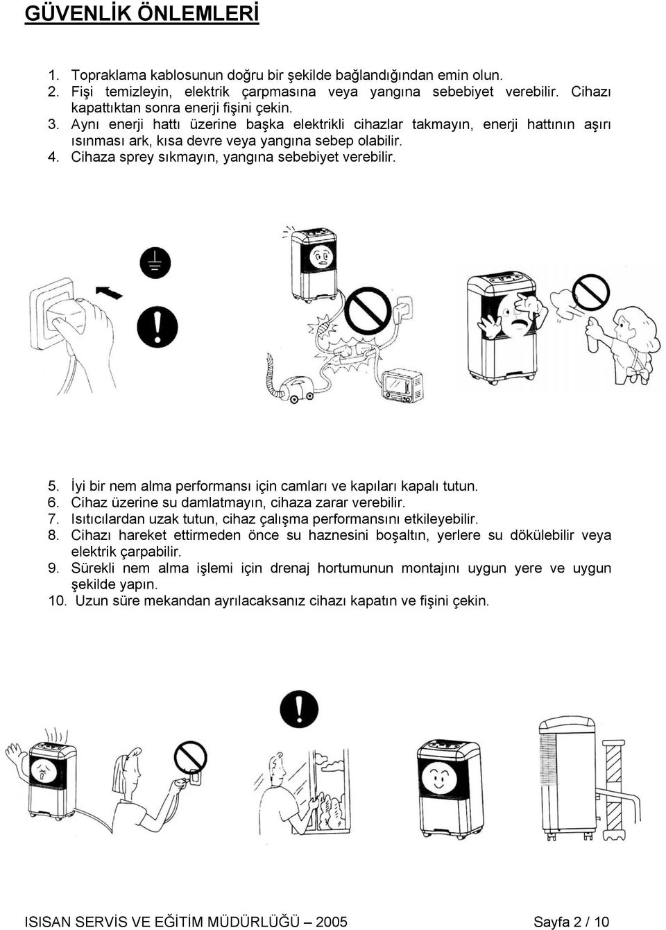 Cihaza sprey sıkmayın, yangına sebebiyet verebilir. 5. İyi bir nem alma performansı için camları ve kapıları kapalı tutun. 6. Cihaz üzerine su damlatmayın, cihaza zarar verebilir. 7.