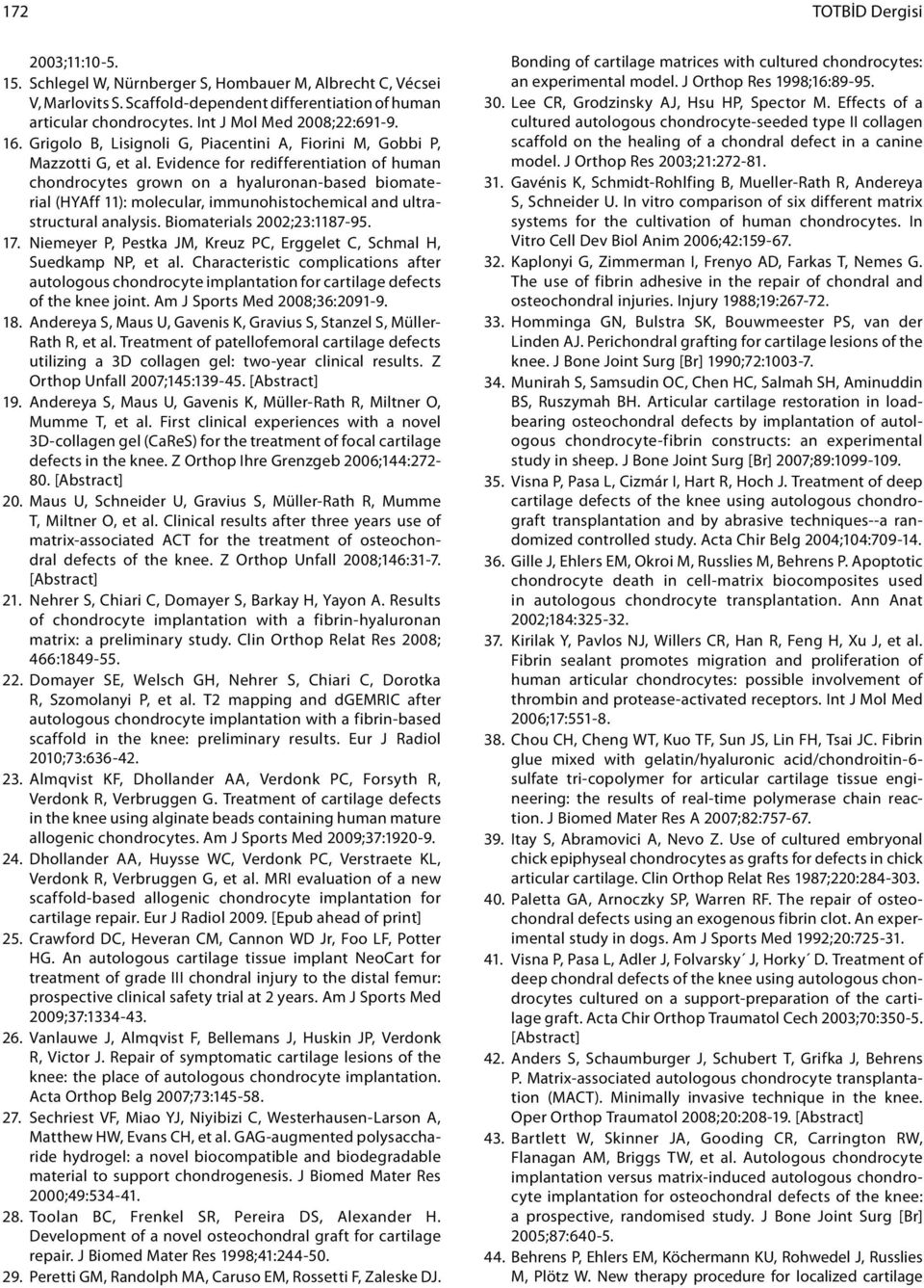 Evidence for redifferentiation of human chondrocytes grown on a hyaluronan-based biomaterial (HYAff 11): molecular, immunohistochemical and ultrastructural analysis. Biomaterials 2002;23:1187-95. 17.