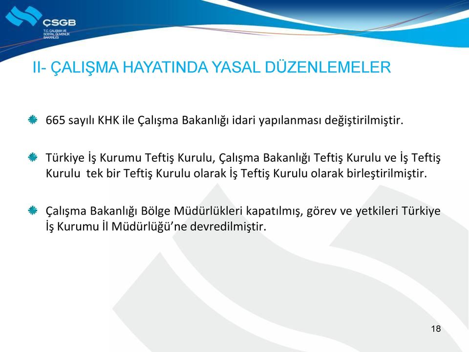 Türkiye İş Kurumu Teftiş Kurulu, Çalışma Bakanlığı Teftiş Kurulu ve İş Teftiş Kurulu tek bir