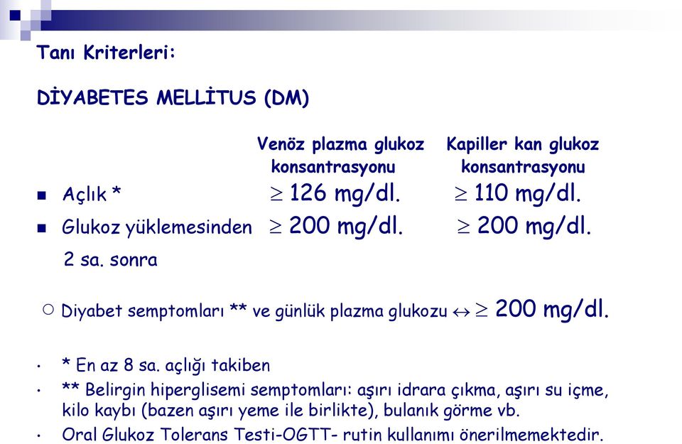 sonra Diyabet semptomları ** ve günlük plazma glukozu 200 mg/dl. * En az 8 sa.