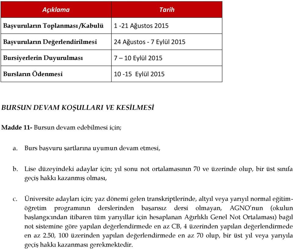 Lise düzeyindeki adaylar için; yıl sonu not ortalamasının 70 ve üzerinde olup, bir üst sınıfa geçiş hakkı kazanmış olması, c.