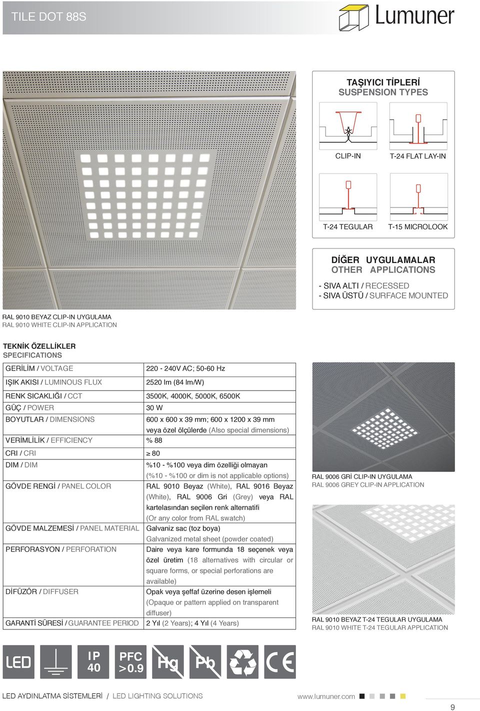 ölçülerde % 88 CRI RAL 9010 Beyaz veya RAL