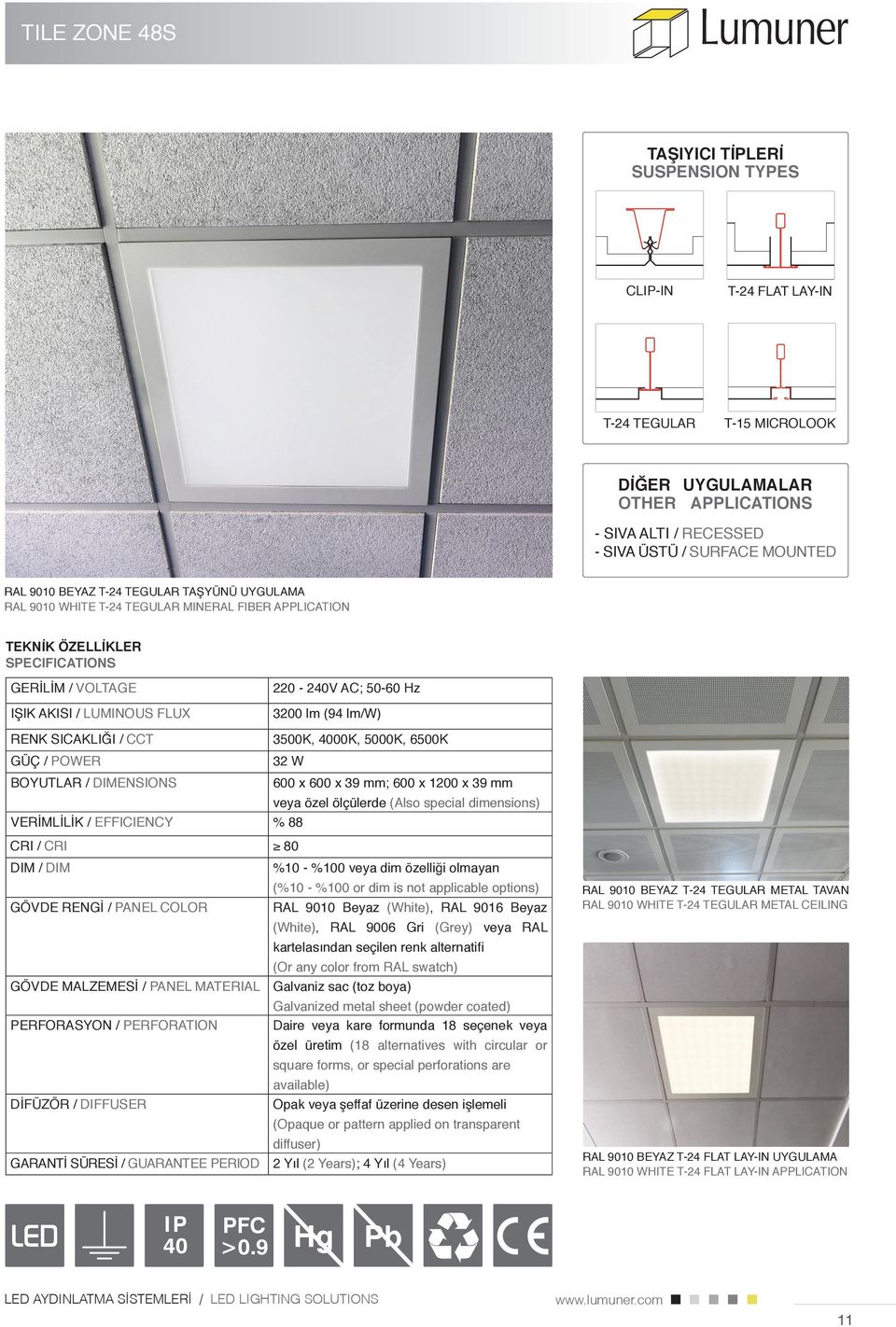 ölçülerde % 88 CRI RAL 9010 Beyaz veya RAL