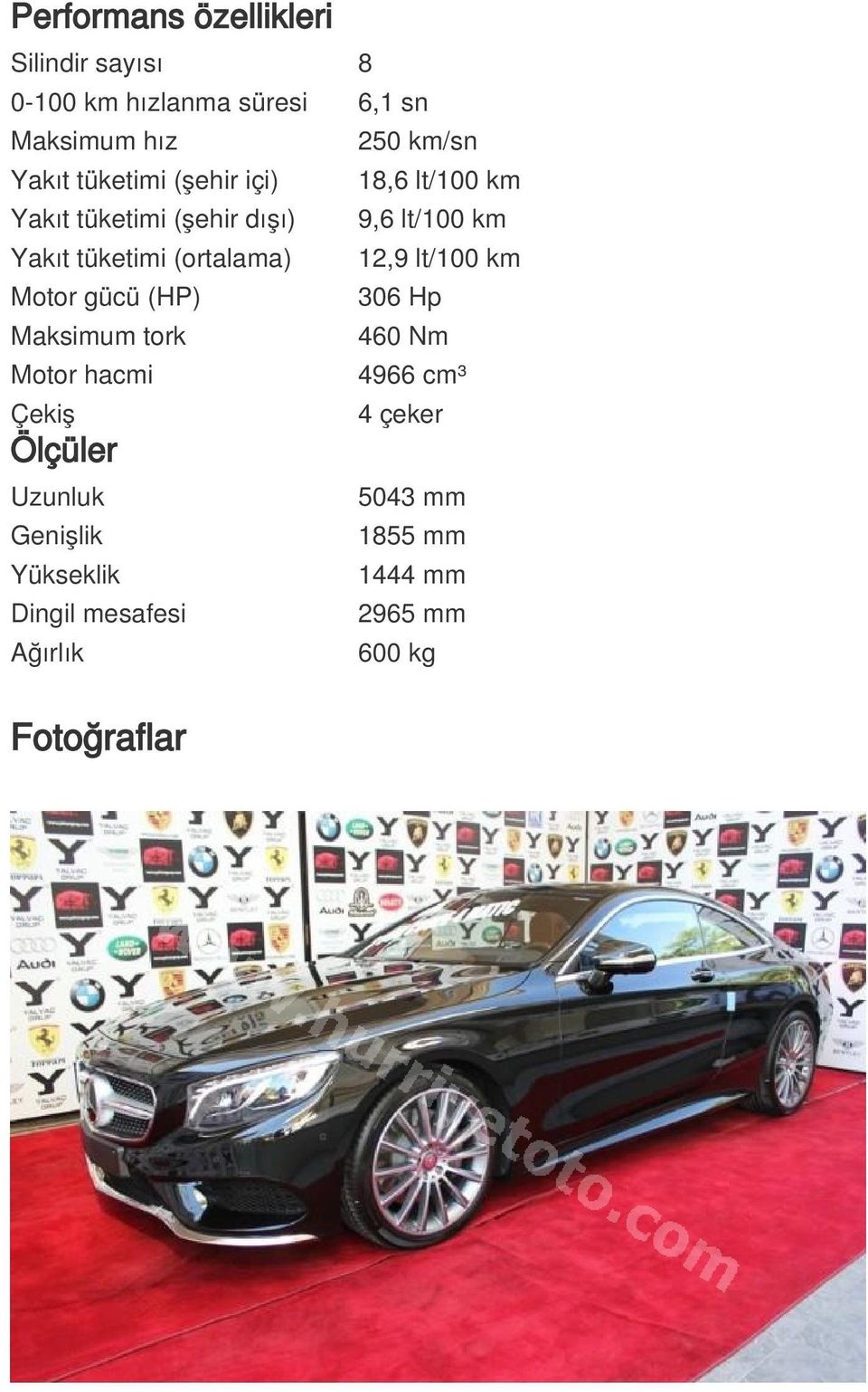 (ortalama) 12,9 lt/100 km Motor gücü (HP) 306 Hp Maksimum tork 460 Nm Motor hacmi 4966 cm³ Çekiş