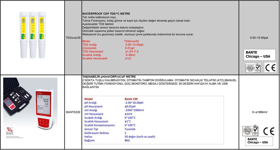 Waterproof (su geçirmez) özellik, olumsuz çevre şartlarında mükemmel bir koruma sunar. TDSscan30 Model TDSscan30 TDS Aralığı 0.00~10.00ppt 0.01ppt TDS Hassasiyeti ±1.5% F.