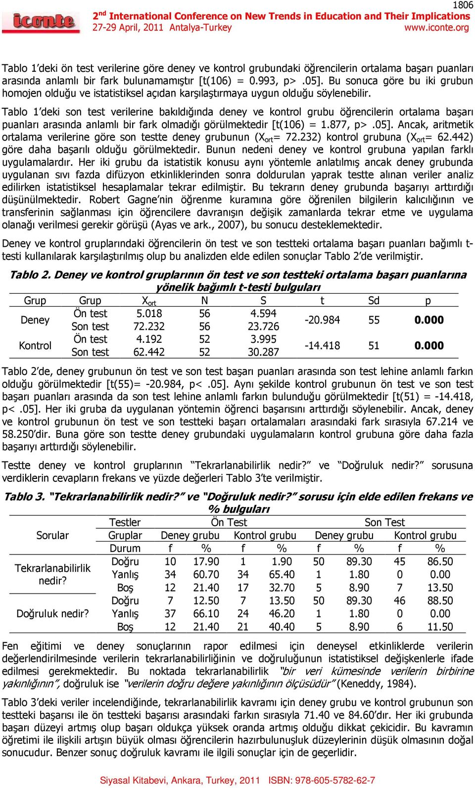 Tablo 1 deki son test verilerine bakıldığında deney ve kontrol grubu öğrencilerin ortalama başarı puanları arasında anlamlı bir fark olmadığı görülmektedir [t(106) = 1.877, p>.05].