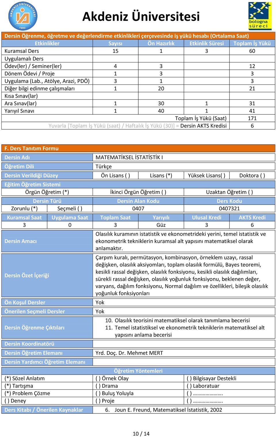 , Atölye, Arazi, PDÖ) 3 1 3 Diğer bilgi edinme çalışmaları 1 20 21 Ara Sınav(lar) 1 30 1 31 Yarıyıl Sınavı 1 40 1 41 Toplam İş Yükü (Saat) 171 Yuvarla [Toplam İş Yükü (saat) / Haftalık İş Yükü (30)]