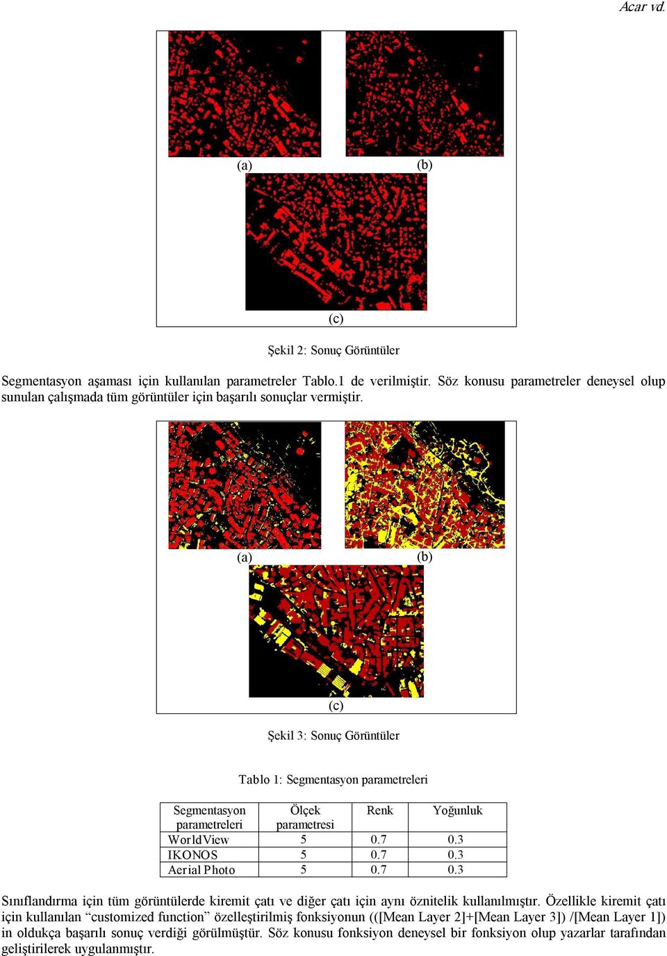 (a) (b) (c) Şekil 3: Sonuç Görüntüler Tablo 1: Segmentasyon parametreleri Segmentasyon Ölçek Renk Yoğunluk parametreleri parametresi WorldView 5 0.7 0.