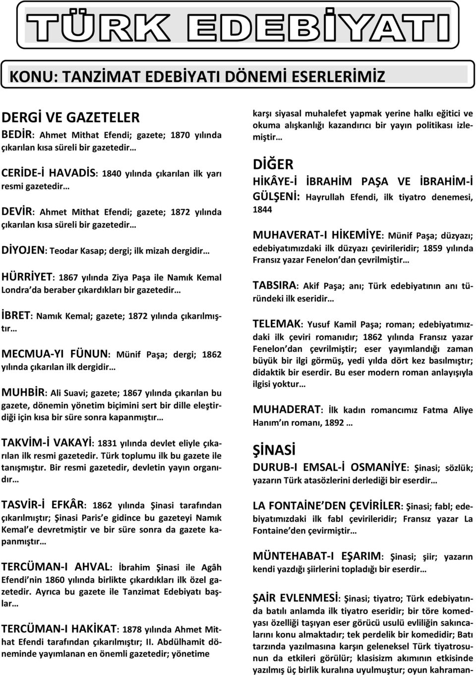 Londra da beraber çıkardıkları bir gazetedir İBRET: Namık Kemal; gazete; 1872 yılında çıkarılmıştır MECMUA-YI FÜNUN: Münif Paşa; dergi; 1862 yılında çıkarılan ilk dergidir MUHBİR: Ali Suavi; gazete;