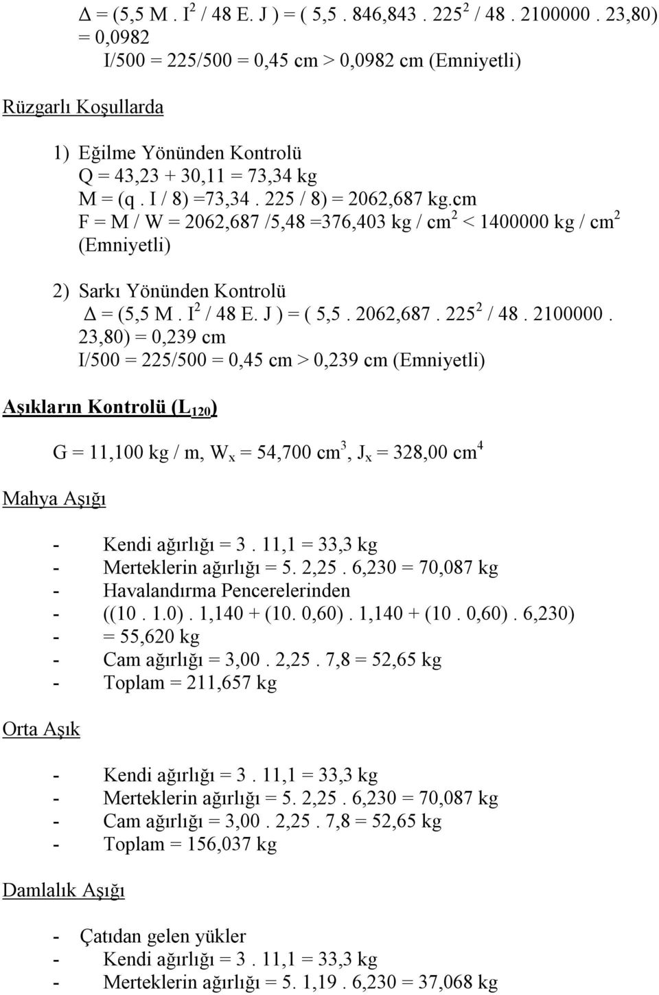 cm F = M / W = 2062,687 /5,48 =376,403 kg / cm 2 < 1400000 kg / cm 2 (Emniyetli) 2) Sarkı Yönünden Kontrolü Δ = (5,5 M. I 2 / 48 E. J ) = ( 5,5. 2062,687. 225 2 / 48. 2100000.