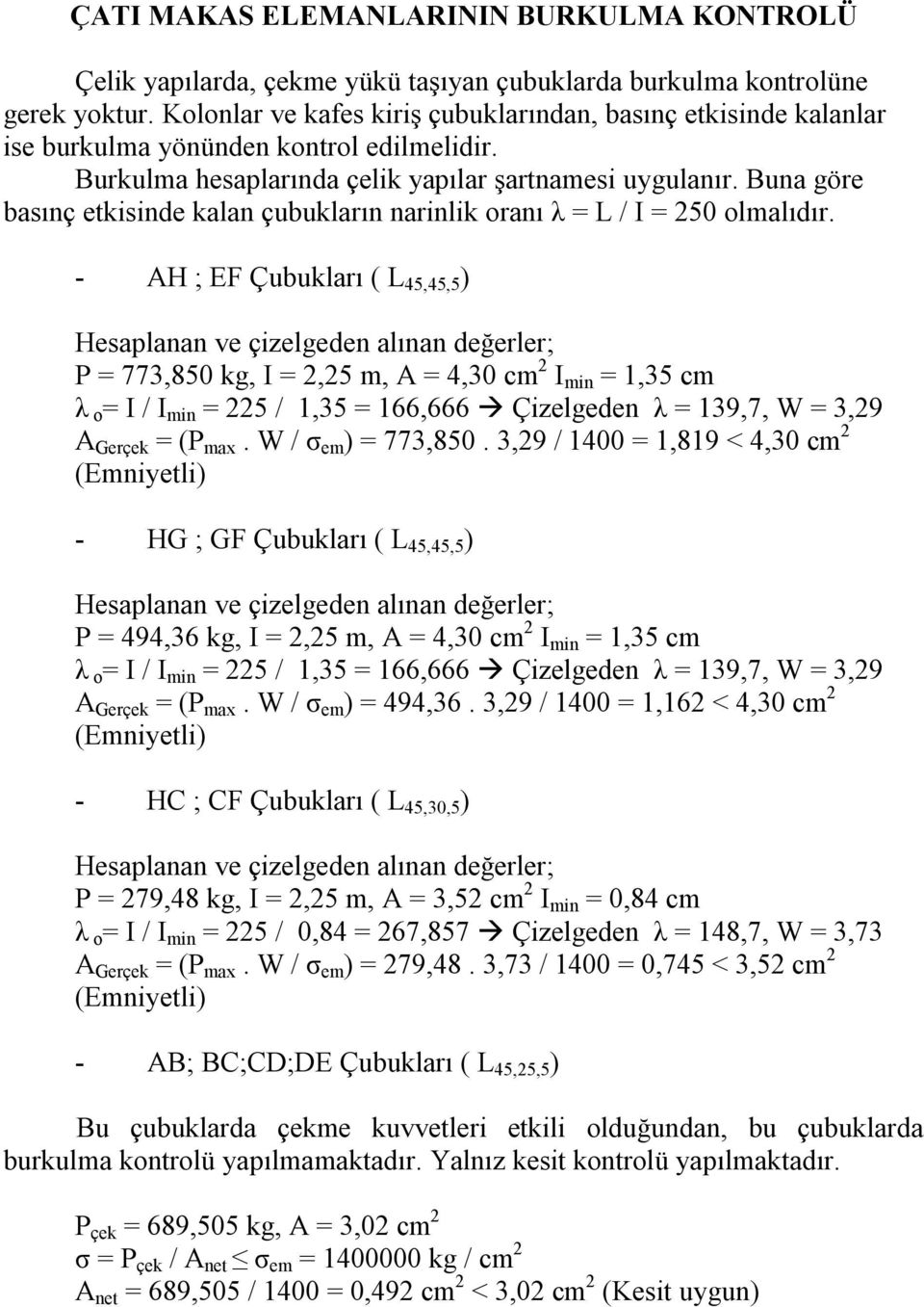 Buna göre basınç etkisinde kalan çubukların narinlik oranı λ = L / I = 250 olmalıdır.