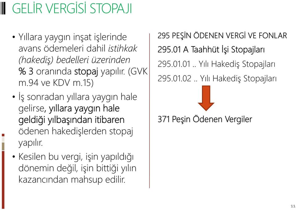 15) İş sonradan yıllara yaygın hale gelirse, yıllara yaygın hale geldiği yılbaşından itibaren ödenen hakedişlerden stopaj yapılır.