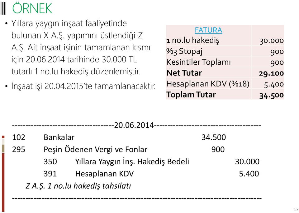 000 %3 Stopaj 900 Kesintiler Toplamı 900 Net Tutar 29.100 Hesaplanan KDV (%18) 5.400 Toplam Tutar 34.500 20.06.2014 102 Bankalar 34.