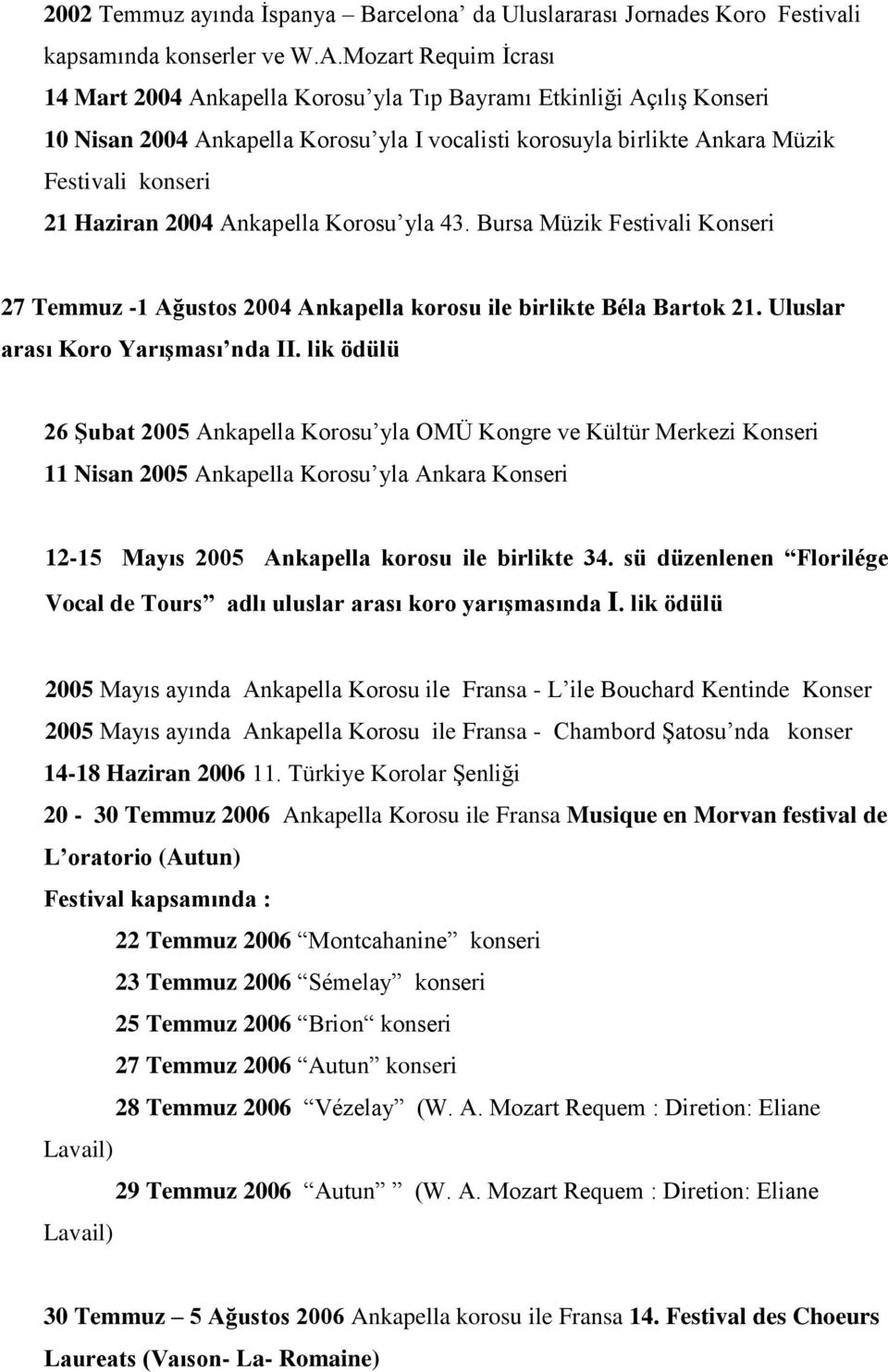 2004 Ankapella Korosu yla 43. Bursa Müzik Festivali Konseri 27 Temmuz -1 Ağustos 2004 Ankapella korosu ile birlikte Béla Bartok 21. Uluslar arası Koro YarıĢması nda II.
