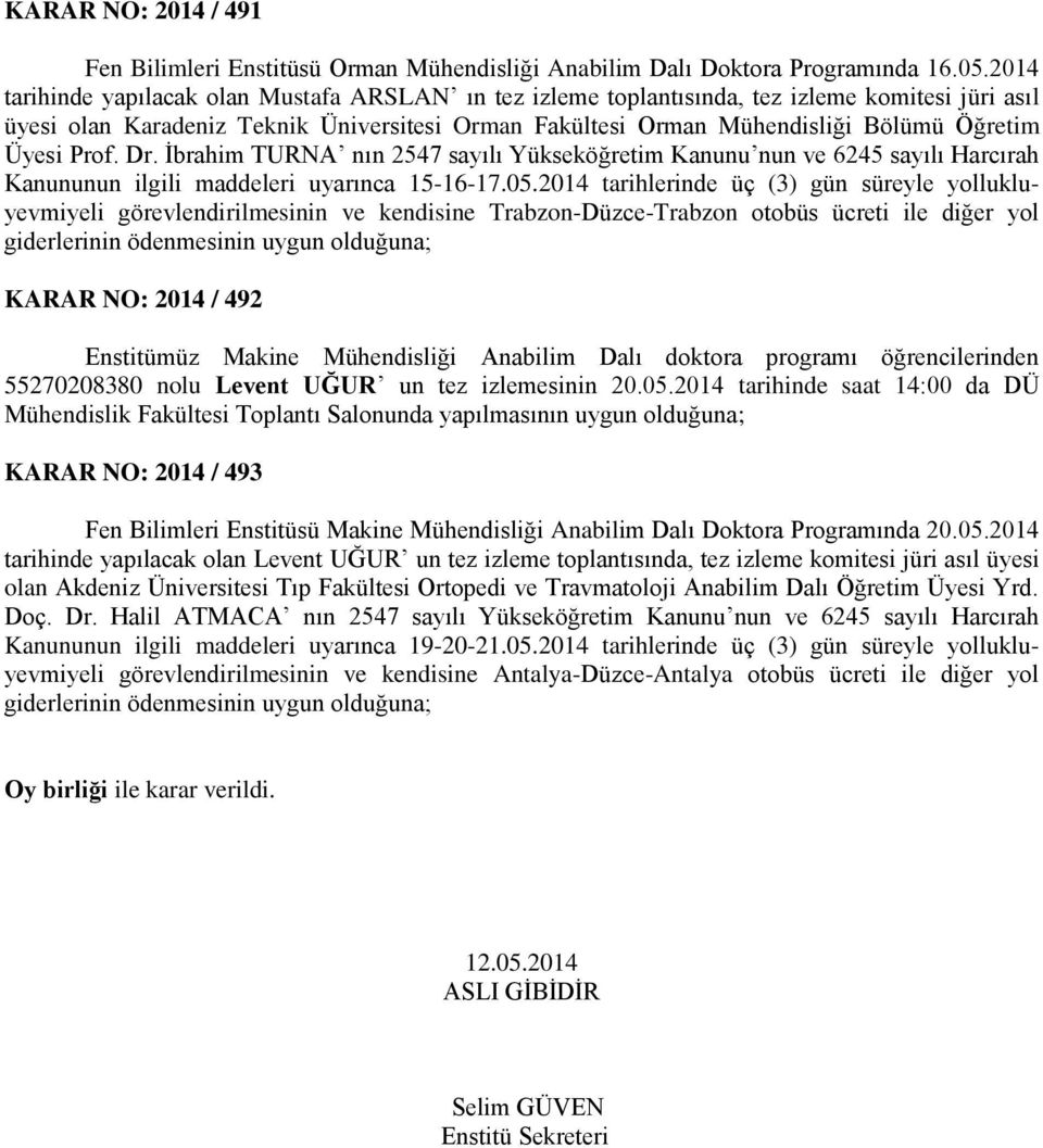 Üyesi Prof. Dr. İbrahim TURNA nın 2547 sayılı Yükseköğretim Kanunu nun ve 6245 sayılı Harcırah Kanununun ilgili maddeleri uyarınca 15-16-17.05.