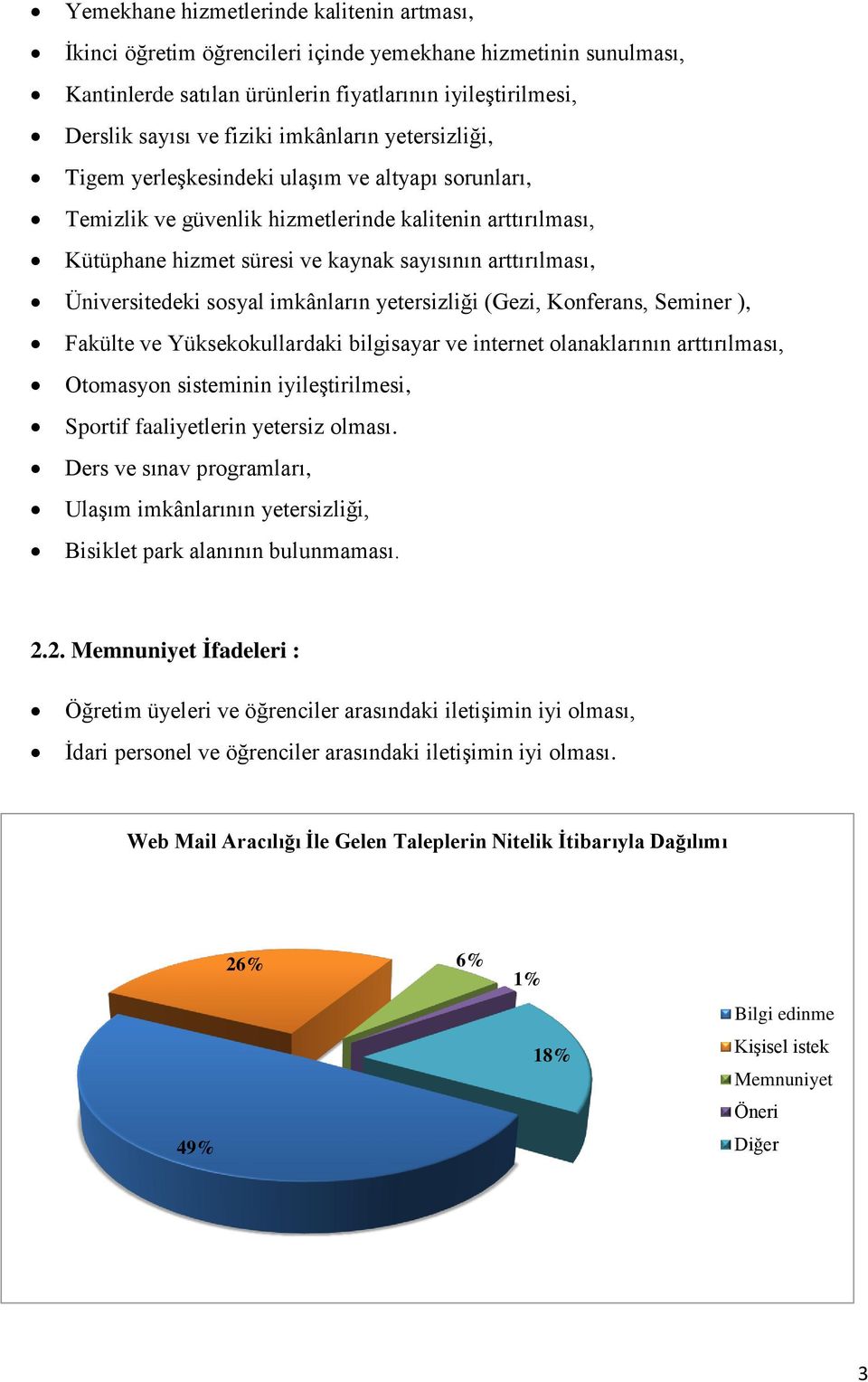 Üniversitedeki sosyal imkânların yetersizliği (Gezi, Konferans, Seminer ), Fakülte ve Yüksekokullardaki bilgisayar ve internet olanaklarının arttırılması, Otomasyon sisteminin iyileştirilmesi,