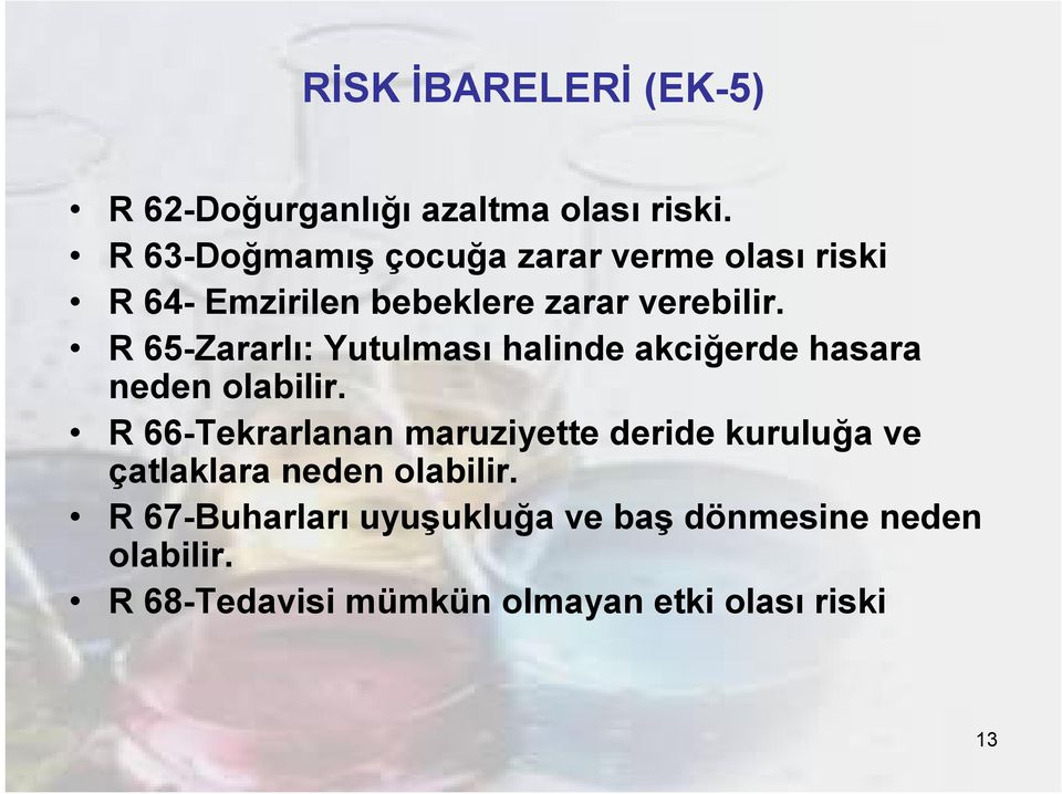 R 65-Zararlı: Yutulması halinde akciğerde hasara neden olabilir.