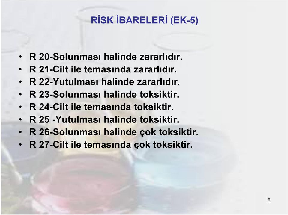 R 23-Solunması halinde toksiktir. R 24-Cilt ile temasında toksiktir.